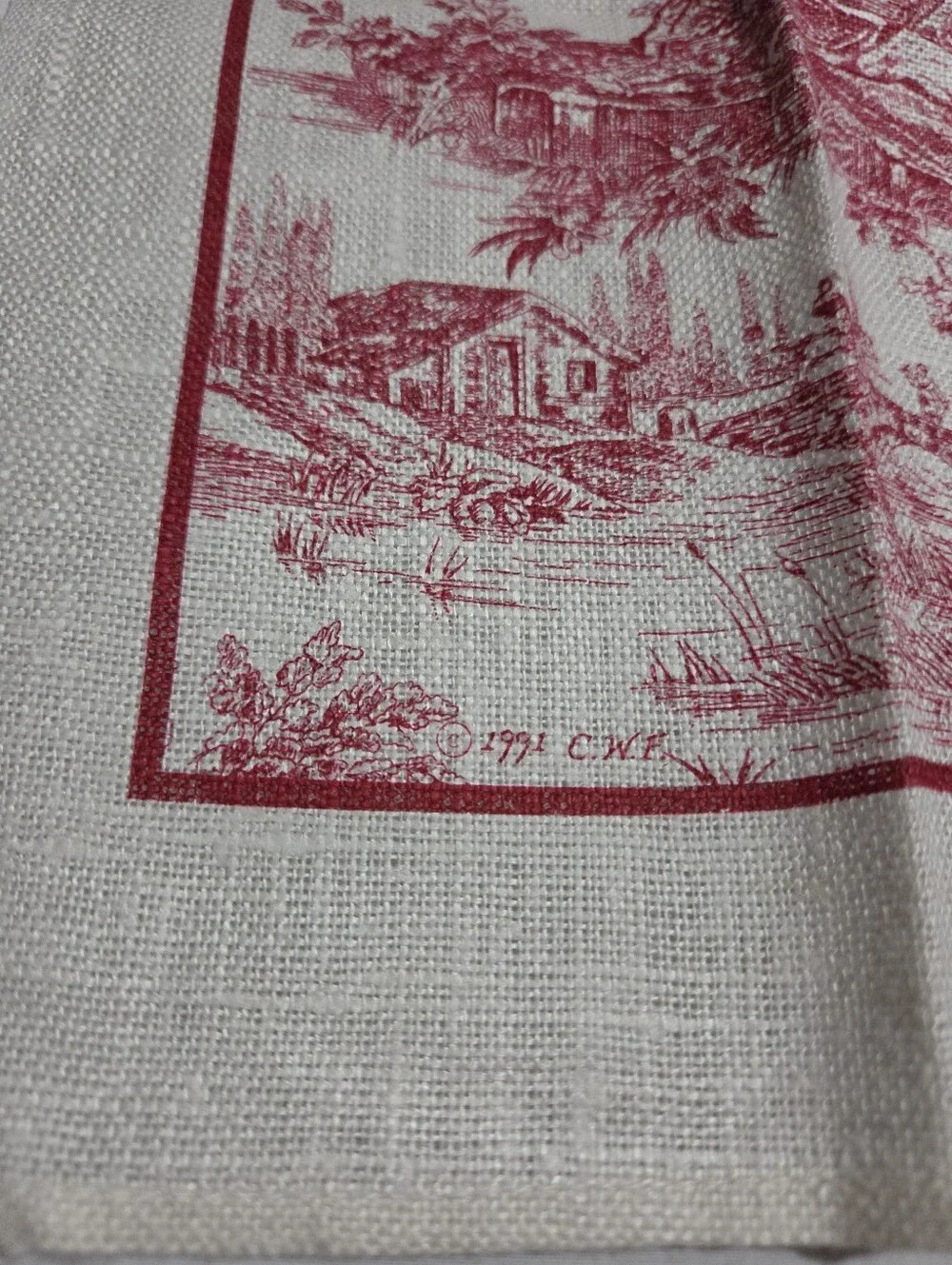 Vintage CWF Red Toile de Jouy Linen Tea Towels Set of 2